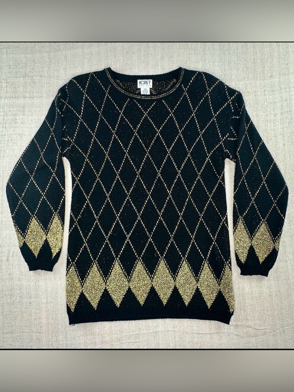 Vintage Koret Petites Sweater S Black Gold Lurex Argyle Metallic Knit 80s 90s